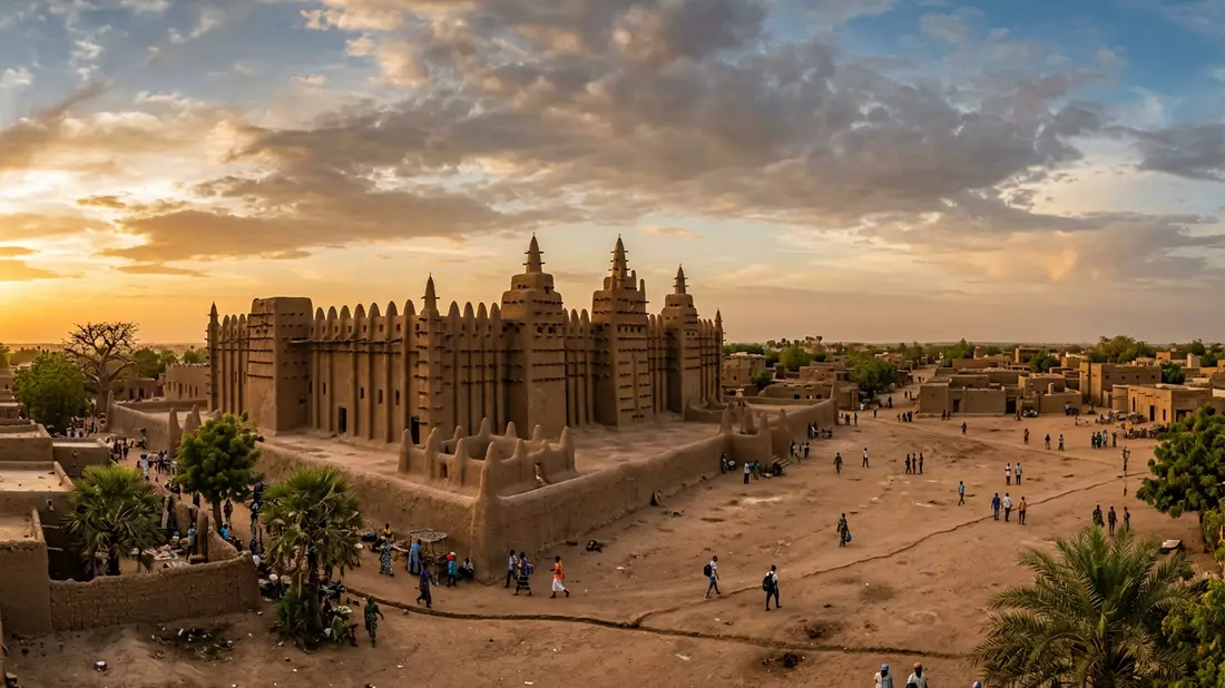 Fotorealistische Ansicht von Grosse Moschee von Djenne in Djenne, Mali im Abendlicht