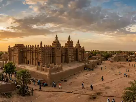 Fotorealistische Panoramaaufnahme von Grosse Moschee von Djenne in Djenne Mali, warmes Abendlicht auf Wahrzeichen - Foto: THN