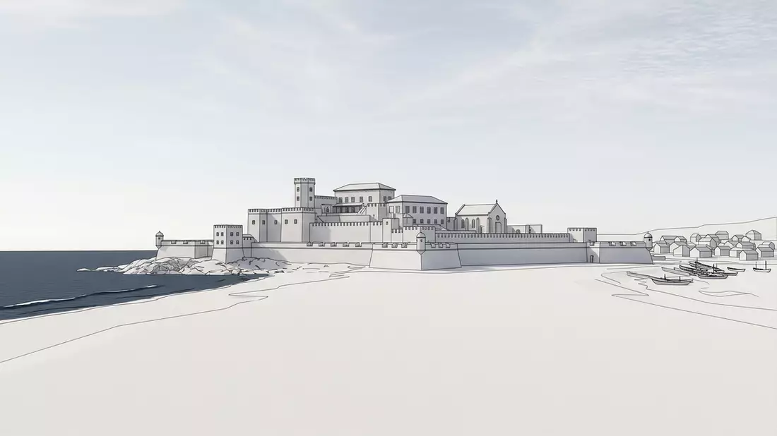 Architektur-Render von Elmina Castle in Elmina, Ghana bei Tageslicht