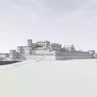 Moderner Architektur-Render zeigt Silhouette von Elmina Castle in Elmina Ghana, klare Linien und neutrales Tageslicht - Foto: THN
