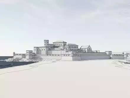 Moderner Architektur-Render zeigt Silhouette von Elmina Castle in Elmina Ghana, klare Linien und neutrales Tageslicht - Foto: THN