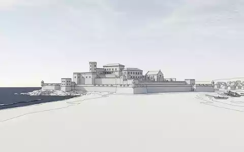 Moderner Architektur-Render zeigt Silhouette von Elmina Castle in Elmina Ghana, klare Linien und neutrales Tageslicht - Foto: THN