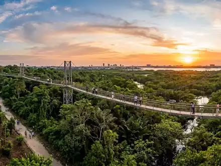 Fotorealistische Panoramaaufnahme von Lekki Conservation Centre in Lagos Nigeria, warmes Abendlicht auf Wahrzeichen - Foto: THN