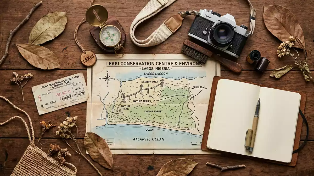 Flatlay-Reise-Arrangement rund um Lekki Conservation Centre in Lagos, Nigeria