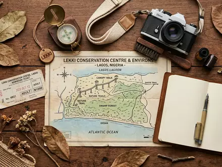 Flatlay-Reise-Arrangement rund um Lekki Conservation Centre in Lagos Nigeria, Karte Kompass Kamera und generische Reiserequisiten - Foto: THN