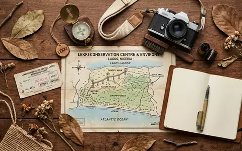 Flatlay-Reise-Arrangement rund um Lekki Conservation Centre in Lagos Nigeria, Karte Kompass Kamera und generische Reiserequisiten - Foto: THN