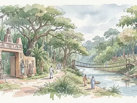 Aquarellillustration des Wahrzeichens Osun-Osogbo Sacred Grove in Osogbo Nigeria, weiche Farbverläufe und pastelliges Reiseposter-Feeling - Foto: THN