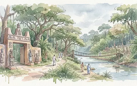 Aquarellillustration des Wahrzeichens Osun-Osogbo Sacred Grove in Osogbo Nigeria, weiche Farbverläufe und pastelliges Reiseposter-Feeling - Foto: THN