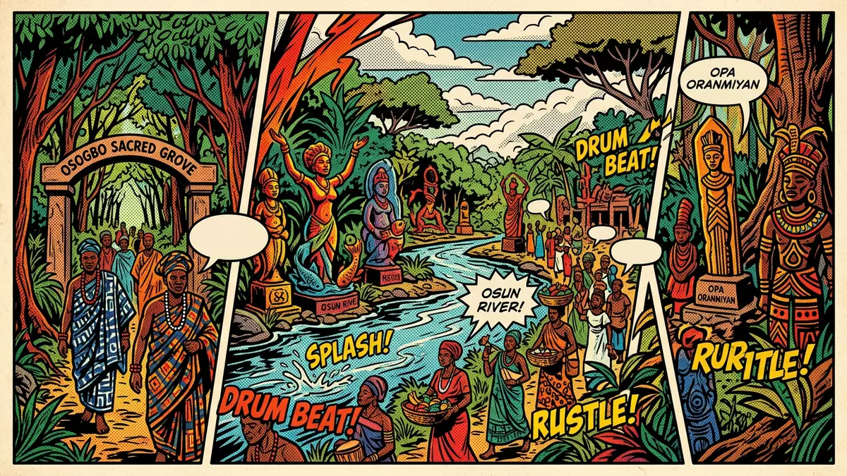 Pop-Art-Comic von Osun-Osogbo Sacred Grove in Osogbo, Nigeria mit Rasterpunkten