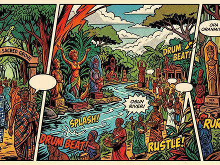 Pop-Art-Comicillustration des Wahrzeichens Osun-Osogbo Sacred Grove in Osogbo Nigeria, kraeftige Konturen Rasterpunkte und satte Farben - Foto: THN