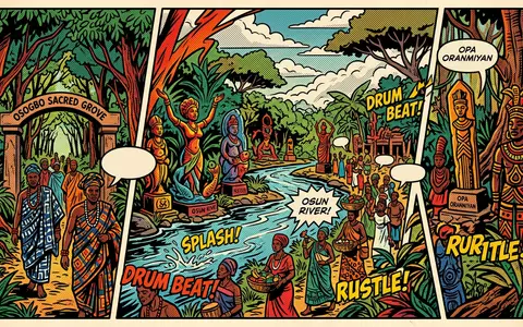 Pop-Art-Comicillustration des Wahrzeichens Osun-Osogbo Sacred Grove in Osogbo Nigeria, kraeftige Konturen Rasterpunkte und satte Farben - Foto: THN