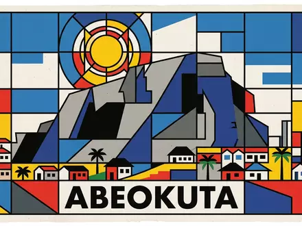 Bauhaus-Poster als geometrische Abstraktion von Olumo Rock in Abeokuta Nigeria, kraeftige Grundfarben und harte Formkanten - Foto: THN