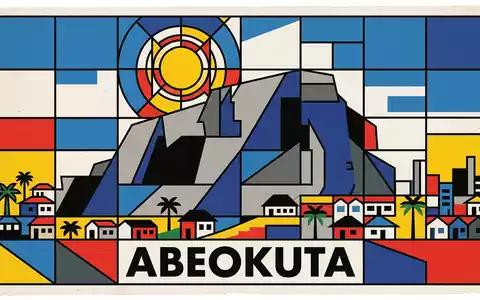 Bauhaus-Poster als geometrische Abstraktion von Olumo Rock in Abeokuta Nigeria, kraeftige Grundfarben und harte Formkanten - Foto: THN