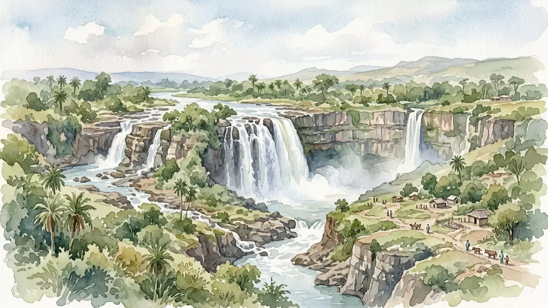 Aquarell-Illustration von Blauer Nil Wasserfall in Bahir Dar, Athiopien als Reiseposter