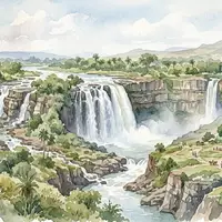 Aquarellillustration des Wahrzeichens Blauer Nil Wasserfall in Bahir Dar Athiopien, weiche Farbverläufe und pastelliges Reiseposter-Feeling - Foto: THN