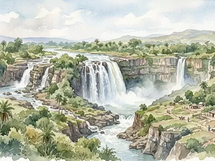 Aquarellillustration des Wahrzeichens Blauer Nil Wasserfall in Bahir Dar Athiopien, weiche Farbverläufe und pastelliges Reiseposter-Feeling - Foto: THN