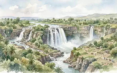 Aquarellillustration des Wahrzeichens Blauer Nil Wasserfall in Bahir Dar Athiopien, weiche Farbverläufe und pastelliges Reiseposter-Feeling - Foto: THN