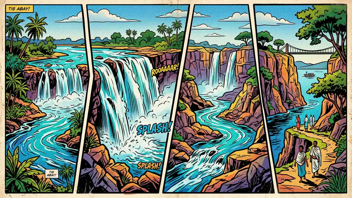 Pop-Art-Comic von Blauer Nil Wasserfall in Bahir Dar, Athiopien mit Rasterpunkten