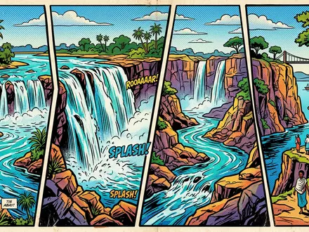 Pop-Art-Comicillustration des Wahrzeichens Blauer Nil Wasserfall in Bahir Dar Athiopien, kraeftige Konturen Rasterpunkte und satte - Foto: THN