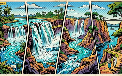 Pop-Art-Comicillustration des Wahrzeichens Blauer Nil Wasserfall in Bahir Dar Athiopien, kraeftige Konturen Rasterpunkte und satte - Foto: THN