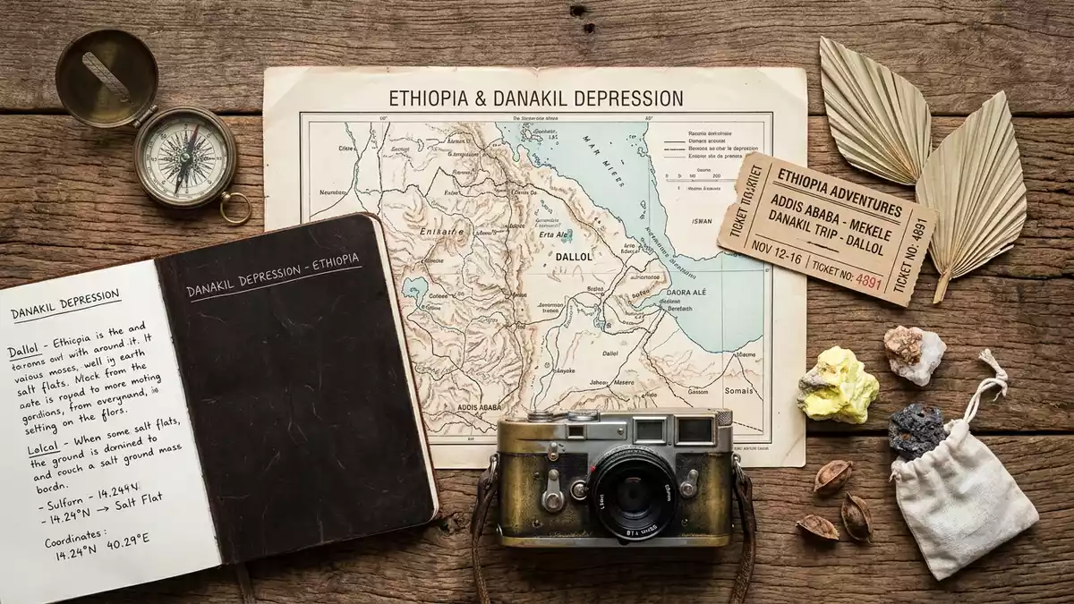 Flatlay-Reise-Arrangement rund um Danakil-Senke in Dallol, Athiopien