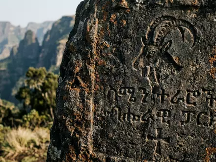 Extreme Makroaufnahme eines Materialdetails am Wahrzeichen Simien-Mountains-Nationalpark in Debark Athiopien, taktile Struktur und weiches Seitenlicht - Foto: THN