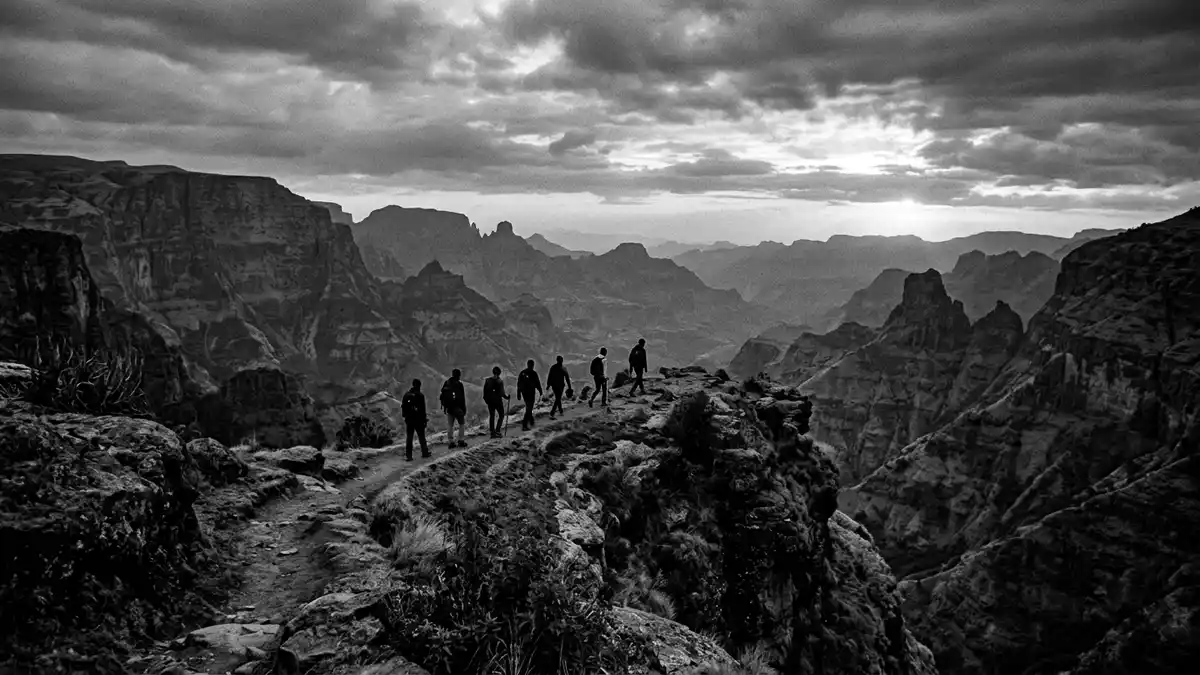 Schwarzweiss-Reportage vom Wahrzeichen Simien-Mountains-Nationalpark in Debark, Athiopien