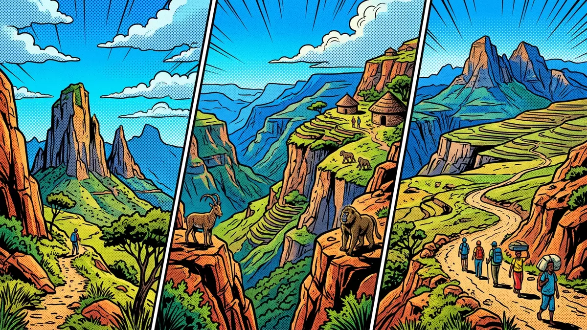Pop-Art-Comic von Simien-Mountains-Nationalpark in Debark, Athiopien mit Rasterpunkten