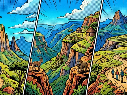 Pop-Art-Comicillustration des Wahrzeichens Simien-Mountains-Nationalpark in Debark Athiopien, kraeftige Konturen Rasterpunkte und satte Farben - Foto: THN