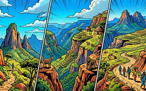 Pop-Art-Comicillustration des Wahrzeichens Simien-Mountains-Nationalpark in Debark Athiopien, kraeftige Konturen Rasterpunkte und satte Farben - Foto: THN