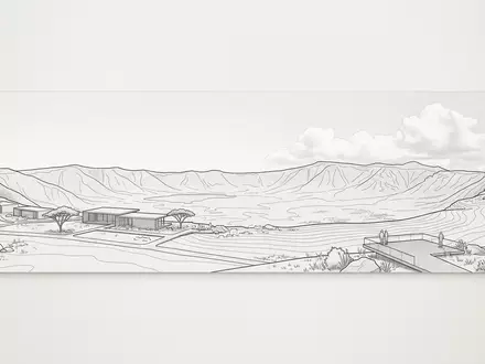Moderner Architektur-Render zeigt Silhouette von Ngorongoro-Krater in Ngorongoro Tansania, klare Linien und neutrales Tageslicht - Foto: THN