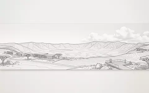 Moderner Architektur-Render zeigt Silhouette von Ngorongoro-Krater in Ngorongoro Tansania, klare Linien und neutrales Tageslicht - Foto: THN