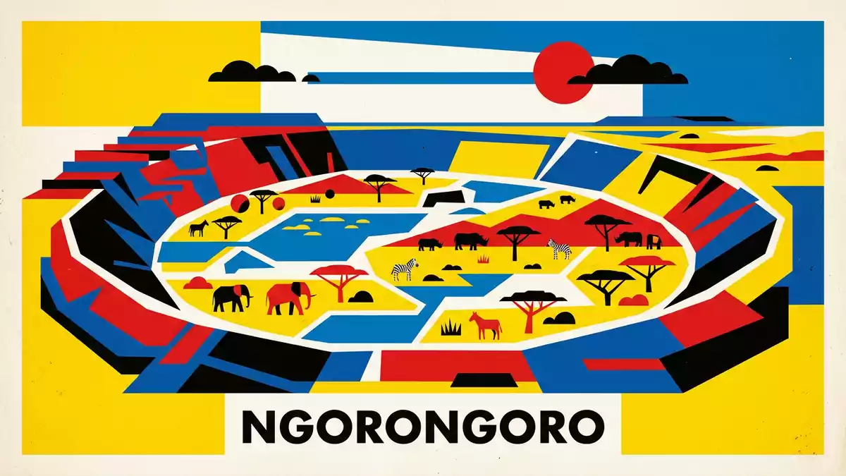 Bauhaus-Poster als Abstraktion von Ngorongoro-Krater in Ngorongoro, Tansania