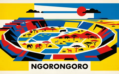 Bauhaus-Poster als geometrische Abstraktion von Ngorongoro-Krater in Ngorongoro Tansania, kraeftige Grundfarben und harte Formkanten - Foto: THN