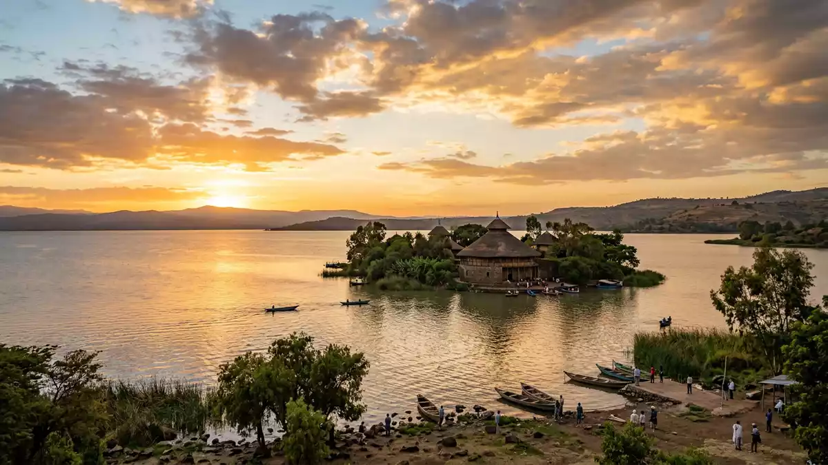 Fotorealistische Ansicht von Kloster am Tana-See in Bahir Dar, Athiopien im Abendlicht