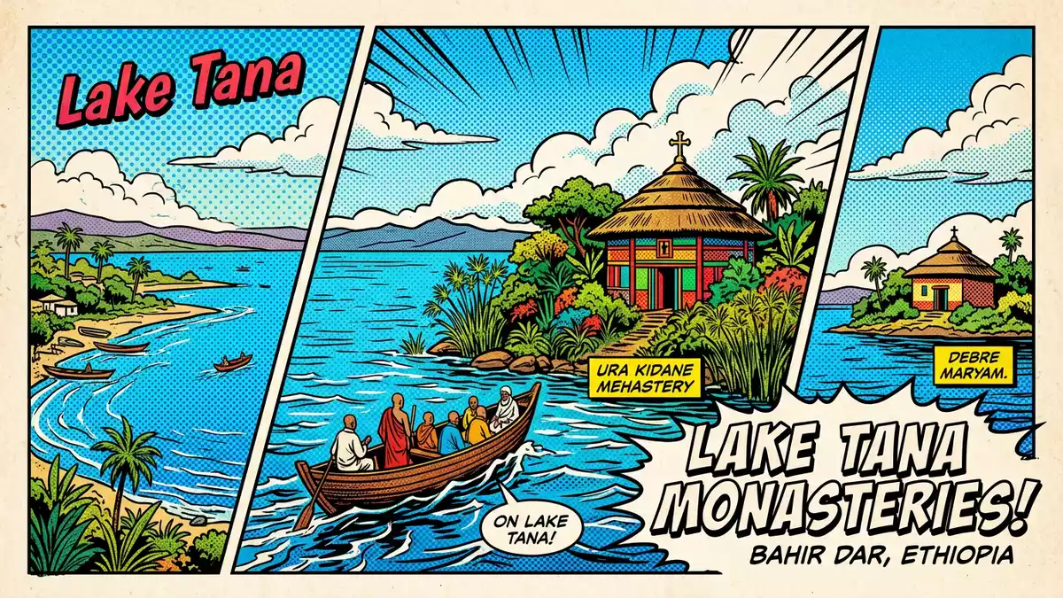 Pop-Art-Comic von Kloster am Tana-See in Bahir Dar, Athiopien mit Rasterpunkten