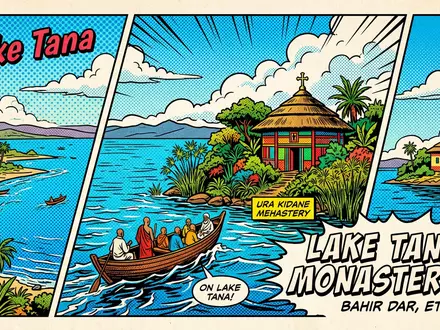 Pop-Art-Comicillustration des Wahrzeichens Kloster am Tana-See in Bahir Dar Athiopien, kraeftige Konturen Rasterpunkte und satte - Foto: THN