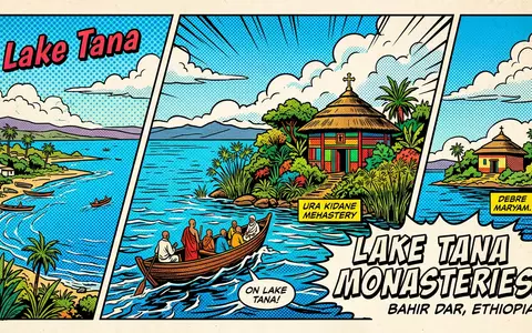 Pop-Art-Comicillustration des Wahrzeichens Kloster am Tana-See in Bahir Dar Athiopien, kraeftige Konturen Rasterpunkte und satte - Foto: THN