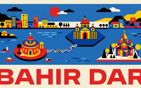 Bauhaus-Poster als geometrische Abstraktion von Kloster am Tana-See in Bahir Dar Athiopien, kraeftige Grundfarben und - Foto: THN
