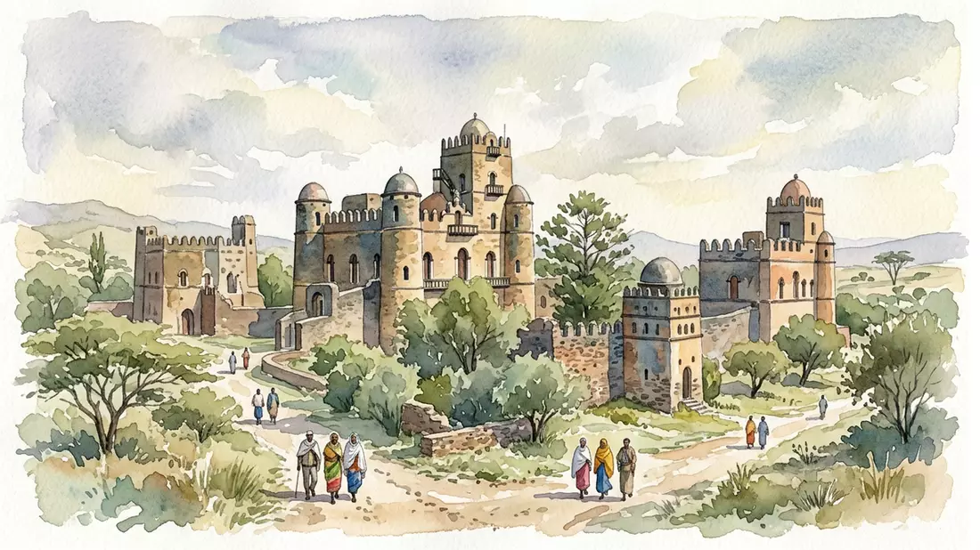 Aquarell-Illustration von Fasil Ghebbi Gondar in Gondar, Athiopien als Reiseposter