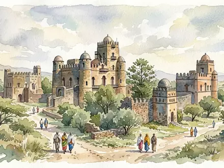 Aquarellillustration des Wahrzeichens Fasil Ghebbi Gondar in Gondar Athiopien, weiche Farbverläufe und pastelliges Reiseposter-Feeling - Foto: THN