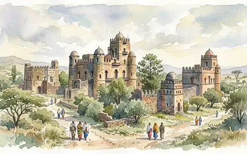 Aquarellillustration des Wahrzeichens Fasil Ghebbi Gondar in Gondar Athiopien, weiche Farbverläufe und pastelliges Reiseposter-Feeling - Foto: THN