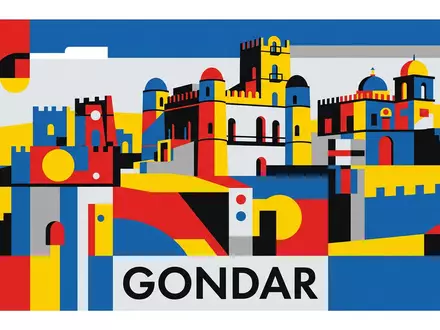 Bauhaus-Poster als geometrische Abstraktion von Fasil Ghebbi Gondar in Gondar Athiopien, kraeftige Grundfarben und harte - Foto: THN