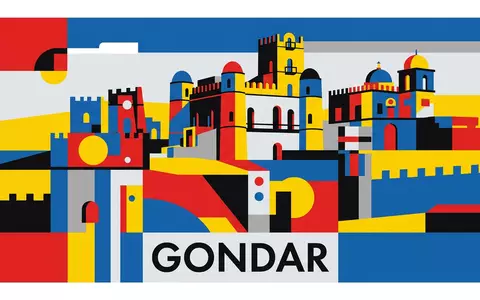 Bauhaus-Poster als geometrische Abstraktion von Fasil Ghebbi Gondar in Gondar Athiopien, kraeftige Grundfarben und harte - Foto: THN