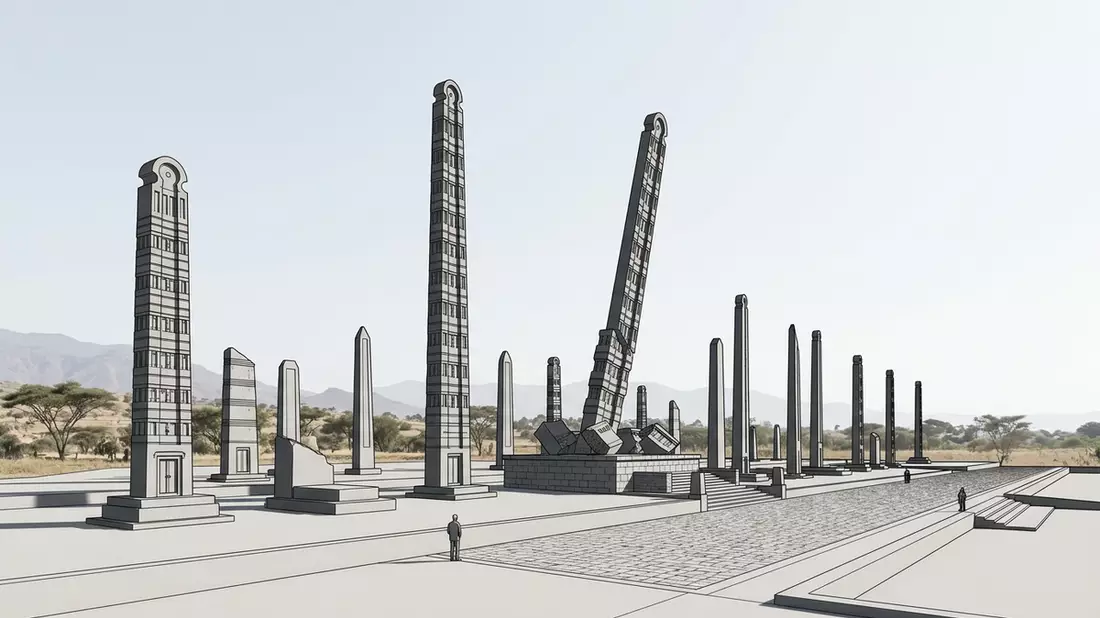 Architektur-Render von Stelen von Aksum in Aksum, Athiopien bei Tageslicht