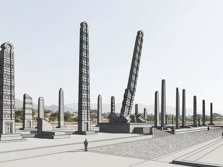 Moderner Architektur-Render zeigt Silhouette von Stelen von Aksum in Aksum Athiopien, klare Linien und neutrales - Foto: THN
