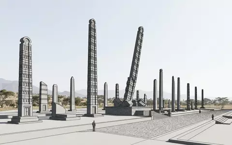 Moderner Architektur-Render zeigt Silhouette von Stelen von Aksum in Aksum Athiopien, klare Linien und neutrales - Foto: THN