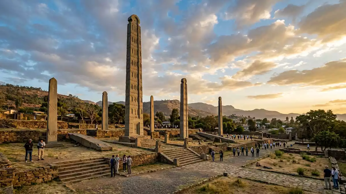 Fotorealistische Ansicht von Stelen von Aksum in Aksum, Athiopien im Abendlicht