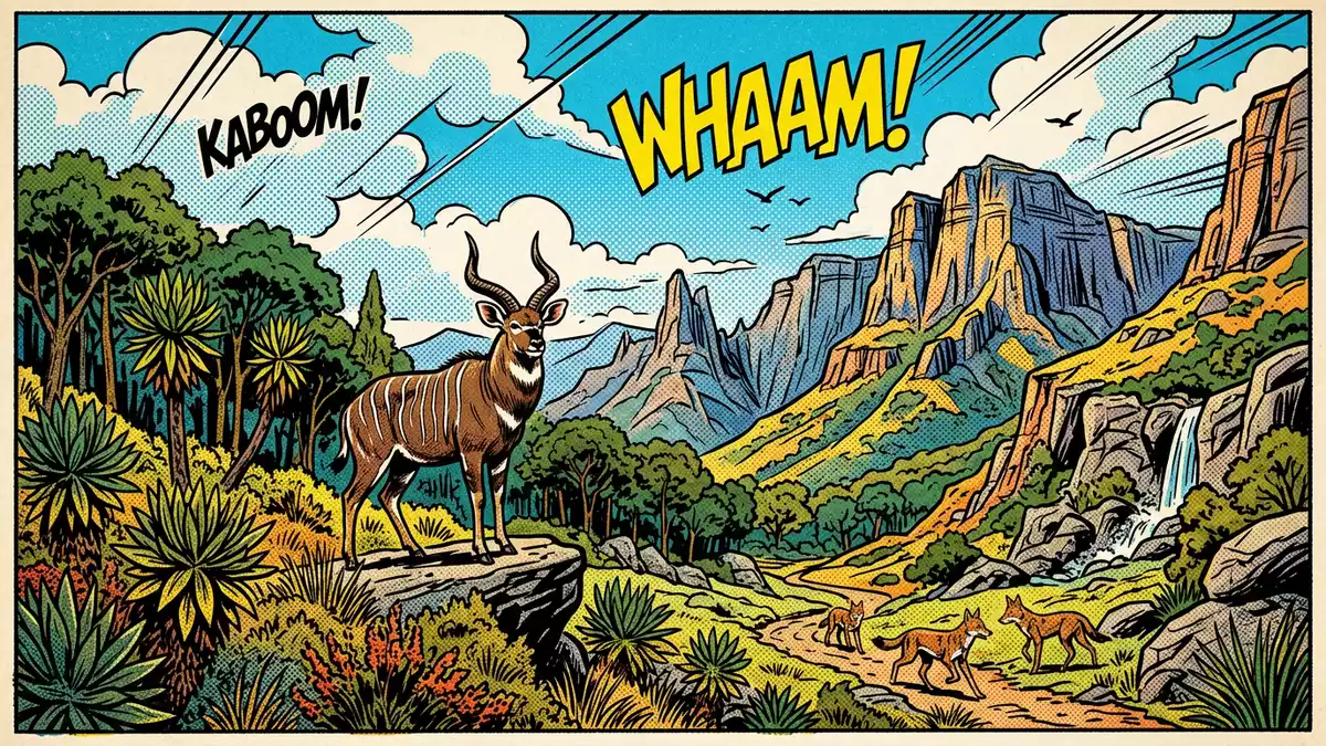 Pop-Art-Comic von Bale-Mountains-Nationalpark in Dinsho, Athiopien mit Rasterpunkten