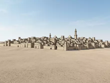 Moderner Architektur-Render zeigt Silhouette von Ghadames-Oase in Ghadames Libyen, klare Linien und neutrales Tageslicht - Foto: THN